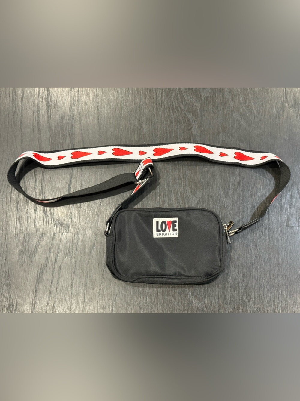 Brighton Black Crossbody with White Strap and Red Hearts